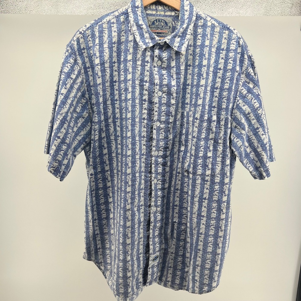 Vintage Levi's Shirts for Jeans Blue Print Short Sleeve Button Up Shirt L 0643